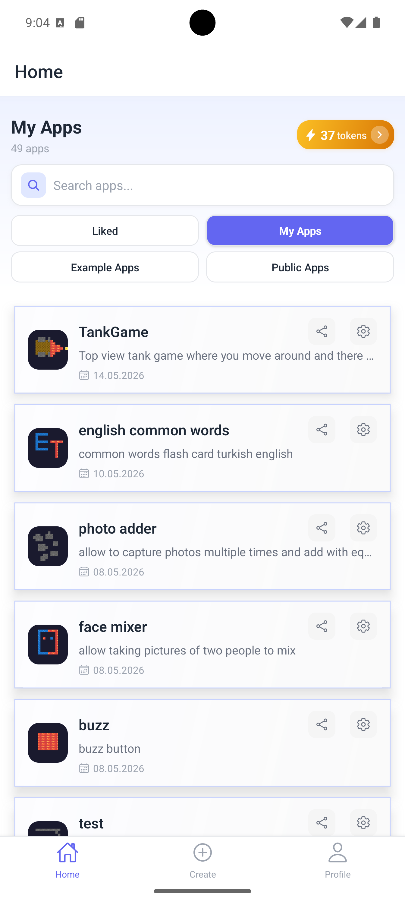 Neyse home screen showing a personal app library with TankGame, flashcards and a photo adder