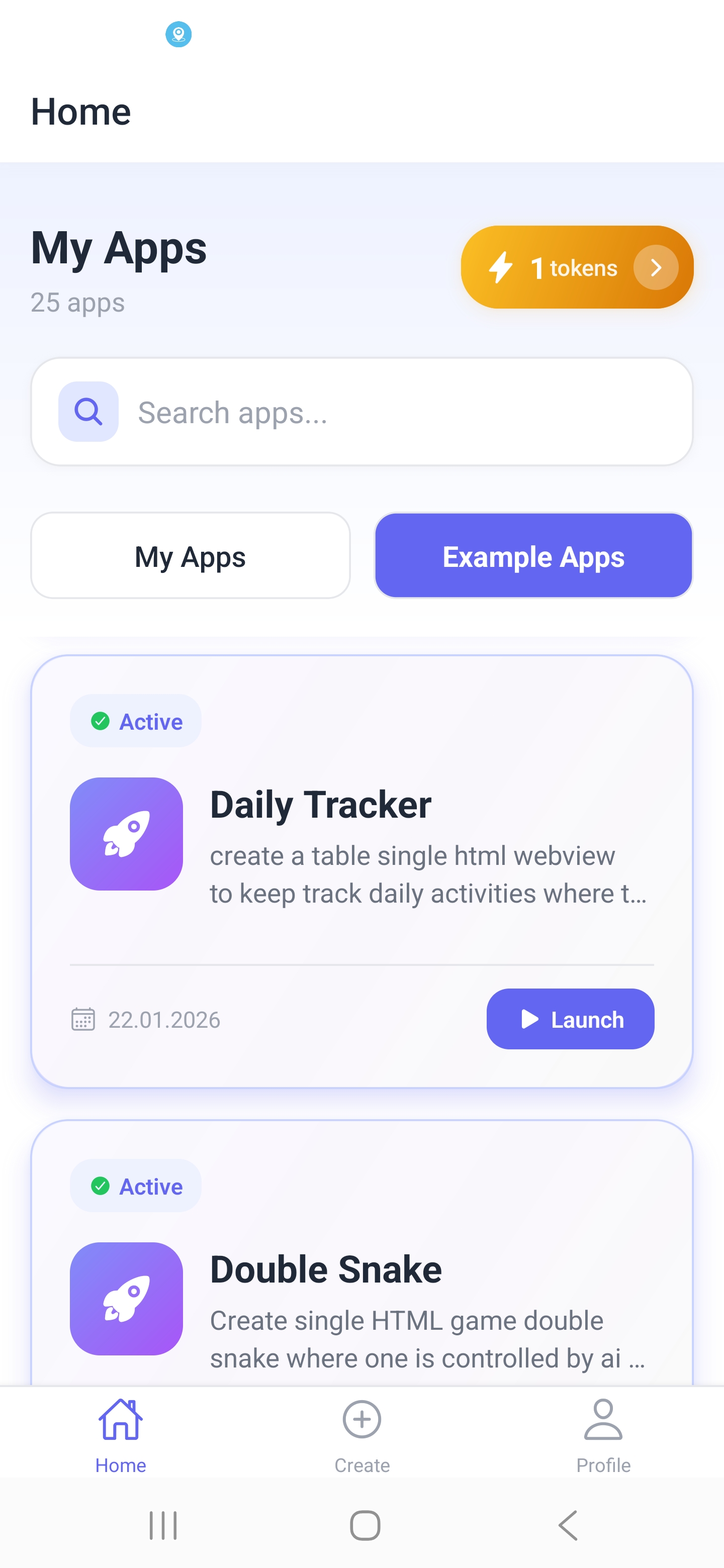 Neyse home tab showing a Daily Tracker habit app and a Double Snake game