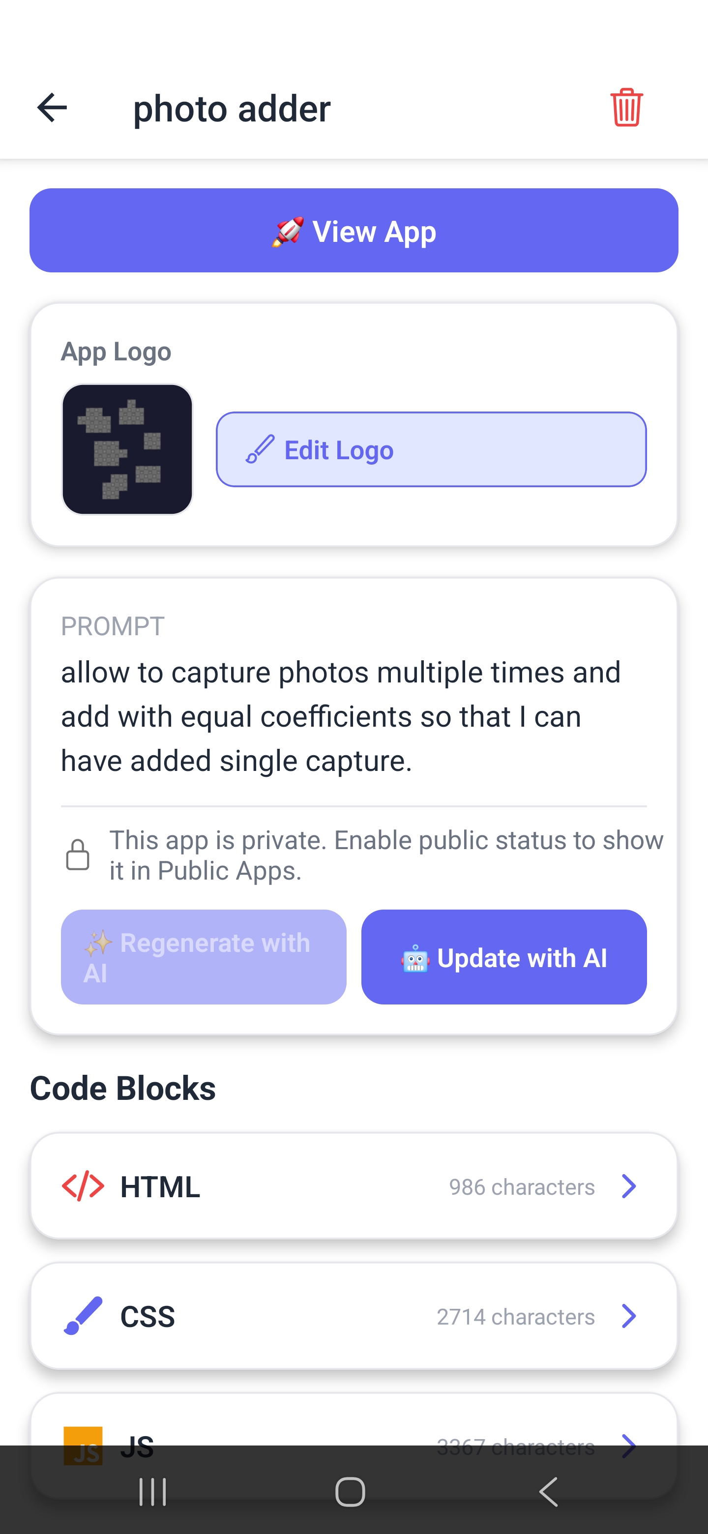 Neyse editor showing an app's original prompt above editable HTML, CSS and JavaScript